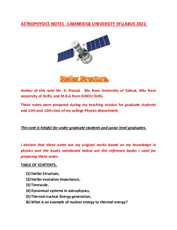 ASTROPHYSICS NOTES On Stellar Structure NotesVilla
